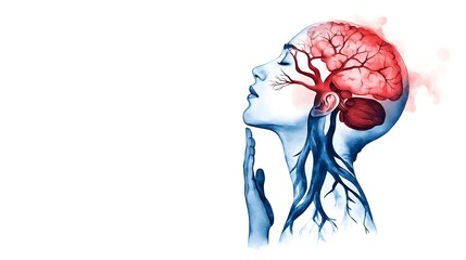 Artistic representation of human head with a detailed brain, neural pathways, and circulatory system, showcasing the connection between mind and body for educational purposes