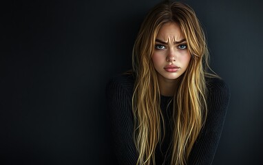 Fototapeta premium Young woman with blonde hair frowning against a dark background.