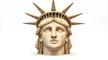 Intricate Wooden Sculpture of Liberty Representation with Stylized Features and Radiant Crown, Capturing the Spirit of Freedom and Independence