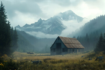Abandoned vintage barn in a mountainous wilderness setting