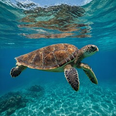 Fototapeta premium A sea turtle swimming on a turquoise blue background.
