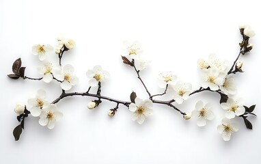 Delicate white blossoms on a flowering branch arranged horizontally against a pure white background.