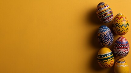 Colorful easter eggs aligned vertically on yellow background forming a festive border
