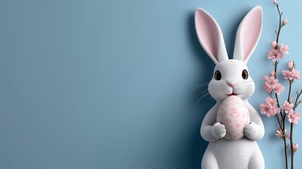 Obraz premium Easter bunny holding painted egg and cherry blossom branch on light blue background
