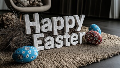 Happy easter lettering with colorful eggs and dry grass celebrating easter sunday