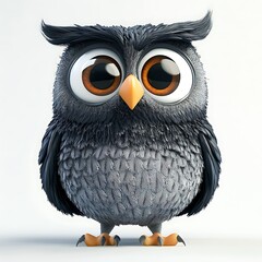 Fototapeta premium Cute cartoon owl with large eyes and fluffy grey feathers.