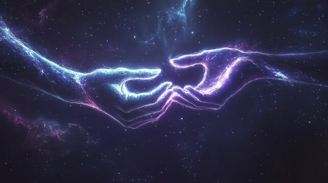 A surreal artistic representation of two hands joining together, their surfaces morphing into flowing ribbons of light, suspended in a vast cosmic void filled with sparkling stars and nebulous clouds.