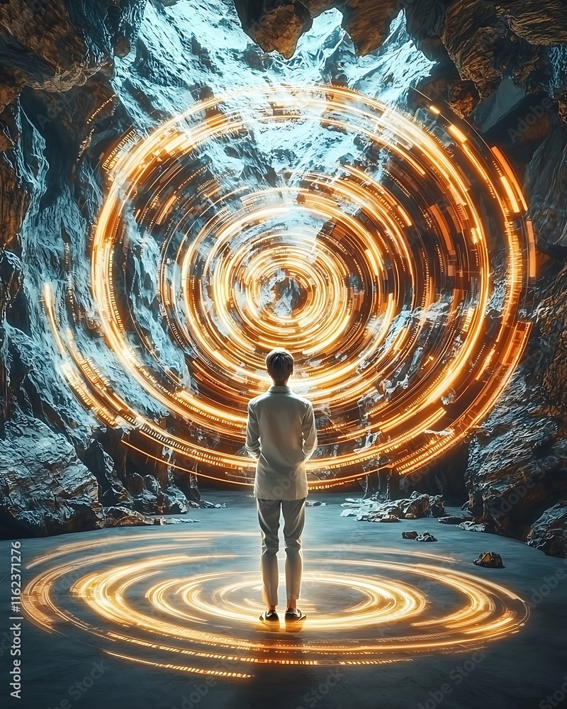 Poster a person standing in a mysterious cave surrounded by glowing circular patterns, exploring the depths