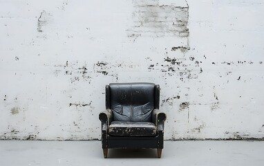 Worn black leather armchair against a distressed white brick wall.