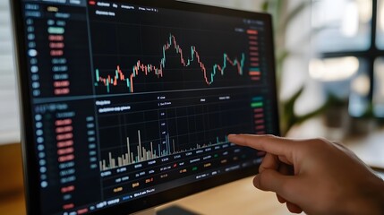 Obraz premium A portfolio manager presenting a diverse range of investment options on a digital screen to clients in a modern office 