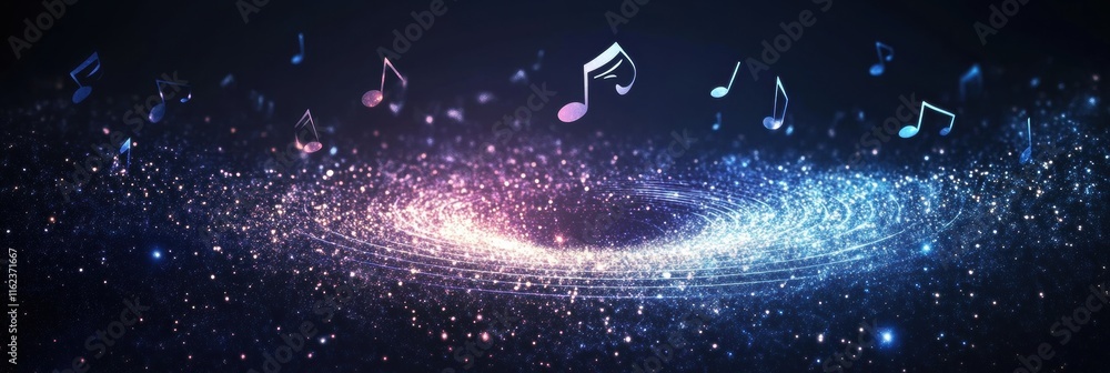 Poster 3d galaxy of stars creates a spiral resembling sound waves with musical notes floating in cosmic spa
