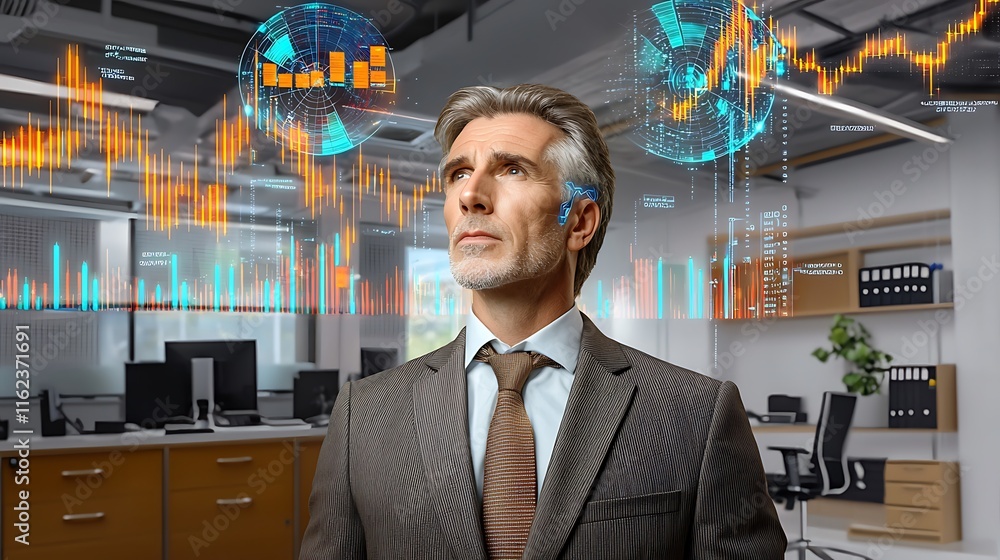 Poster professional businessman analyzing data trends in a modern office with digital analytics graphics re