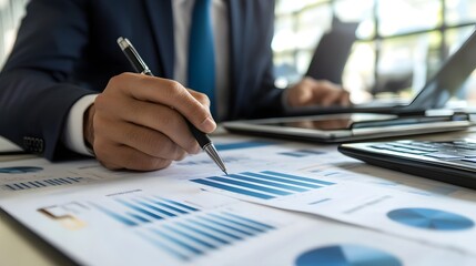 A businessman discussing private equity investments with colleagues in a modern office space, with financial reports on the table