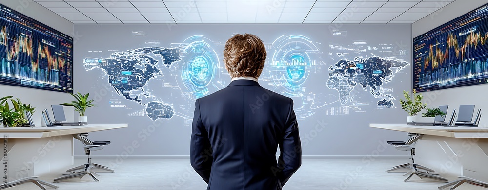 Poster professional businessman observing data analytics in modern office with digital screens displaying g