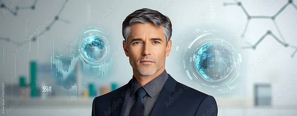 Poster confident business professional with futuristic technology interface showcasing global data analytic