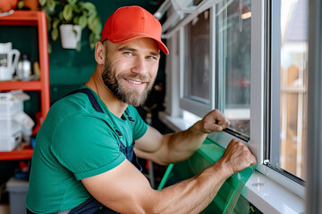A man in a green shirt and red hat is smiling while working on a window