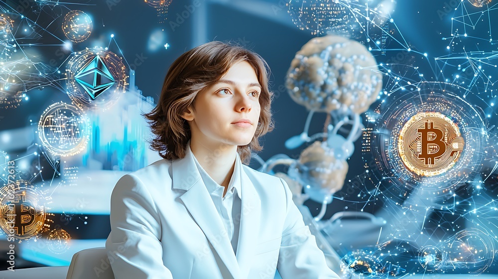 Poster young female scientist analyzing cryptocurrency data with digital charts and symbols of blockchain t