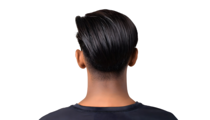Modern haircut features longer hair on top and shorter hair on the sides, back view image, popular male hairstyle.