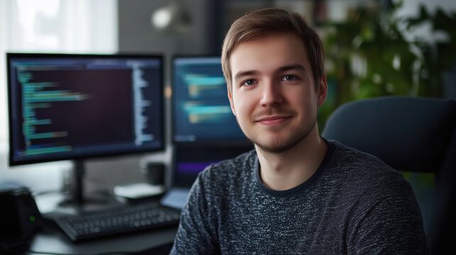 Portrait of male programmer in office. Development programmer working software and coding technology