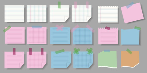 Set Paper Sheets with tape for Scrapbooking. Paper Sticker template design for scrap design. Mockup of empty office badge. Realistic vector illustration EPS 10