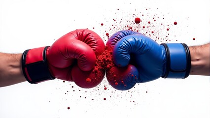 Dynamic confrontation between red and blue boxing gloves in a burst of action