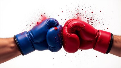 Dynamic confrontation between red and blue boxing gloves in a burst of action