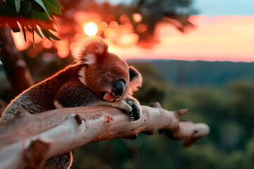A koala is sleeping on a tree branch