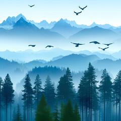 Obraz premium Vector landscape with blue mountain silhouettes