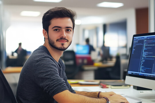 Portrait of male programmer in office. Development programmer working software and coding technology
