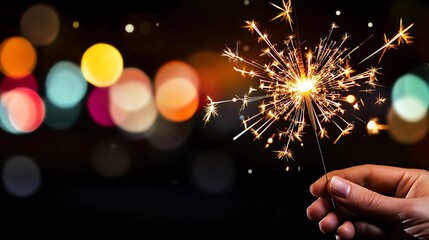 A sparkling firework sparkler held by a person in the dark, radiating a bright light with a blurred bokeh backdrop of festive colors.