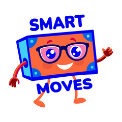 A flat sticker of a cute mascot wearing glasses with text smart moves 