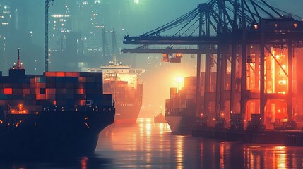 Obraz premium Cargo ship loading containers at bustling port in the evening. Generative AI