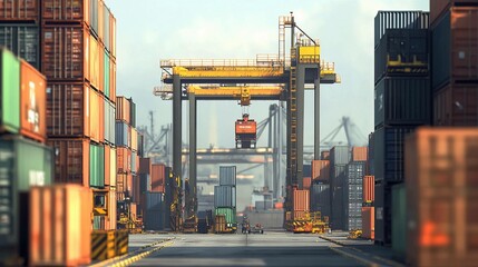 Container ship loading operations in busy port during daytime. Generative AI