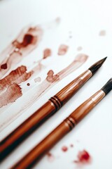 Fototapeta premium A top-down view of a traditional Japanese calligraphy brushes resting on canvas surface with strokes and drops of ink.