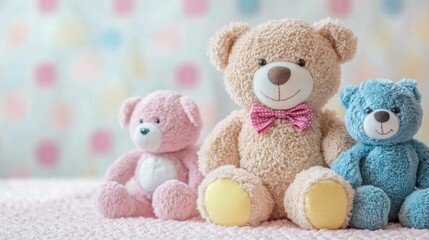 Cute plush bears arranged on a soft pastel background for playful decor. Generative AI