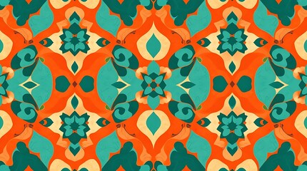 Vibrant Mandala Pattern: Teal, Orange and Beige Kaleidoscope 