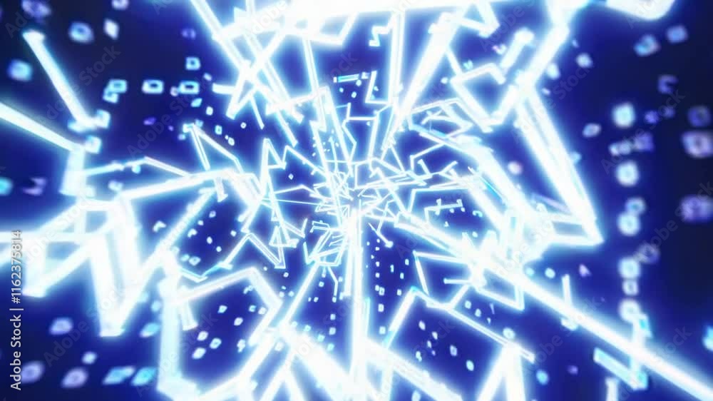 Poster futuristic digital tunnel with glowing blue lines and geometric shapes, representing advanced techno