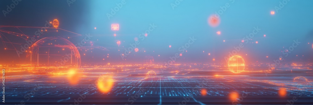 Poster futuristic business technology innovation with glowing data connections and abstract grid lines on g