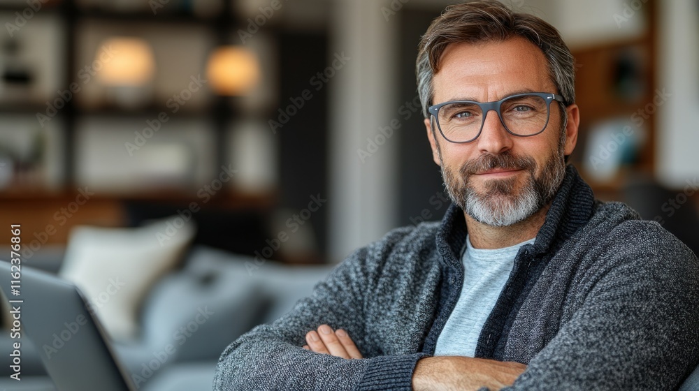 Poster man with glasses smiling in a cozy workspace.