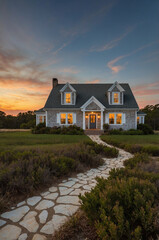 Cape Cod Architecture house during sunset