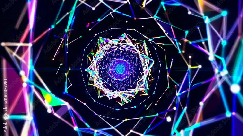 Poster vibrant abstract digital art featuring a geometric spiral with colorful triangular shapes against a 