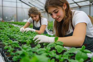 woman Teenagers working and enjoying in an organic greenhouse, planting vegetables. Young female students gaining practical farming experience."