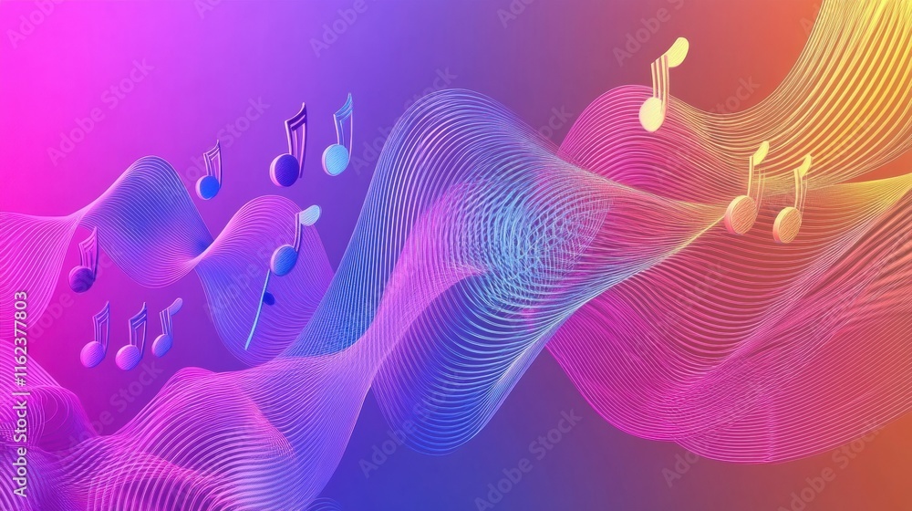 Aufkleber Vibrant 3D music notes flowing through colorful waves in a digital landscape filled with sound and rhythm. Generative AI