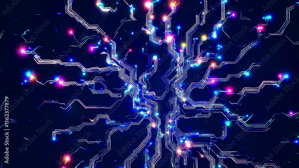Poster a vibrant, abstract representation of interconnected circuits with colorful lights, symbolizing adva