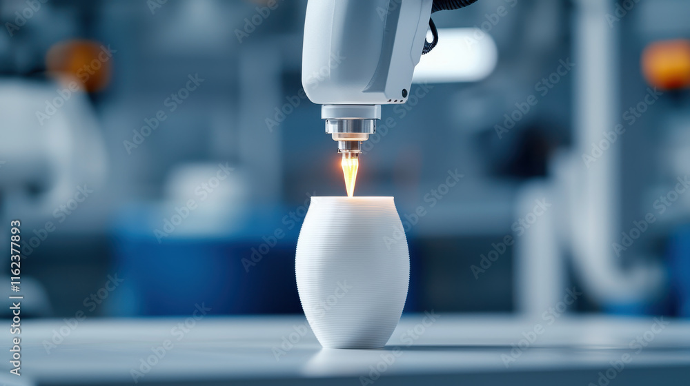 Poster robotic arm operates 3d printer, creating complex vase with precision in modern industrial setting. 