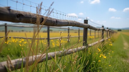 Fototapeta premium Rustic wooden fence in countryside field