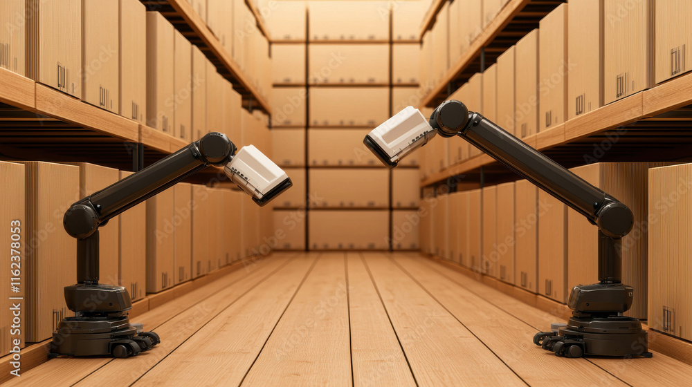 Poster two robotic arms in automated warehouse efficiently manage shelves filled with cardboard boxes, show