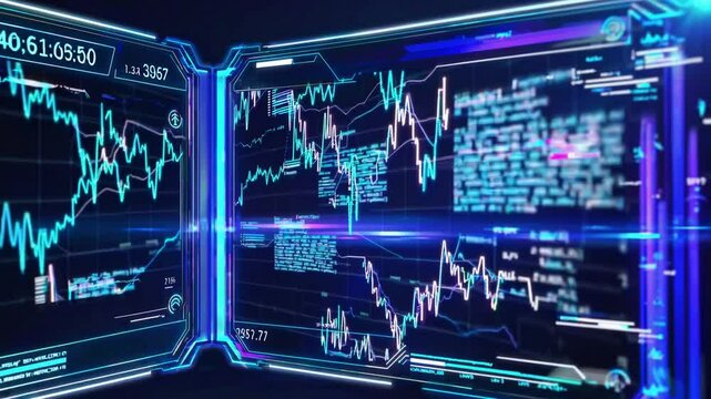 Futuristic interface displaying complex data analytics and stock market trends in vibrant colors and high-tech graphics.