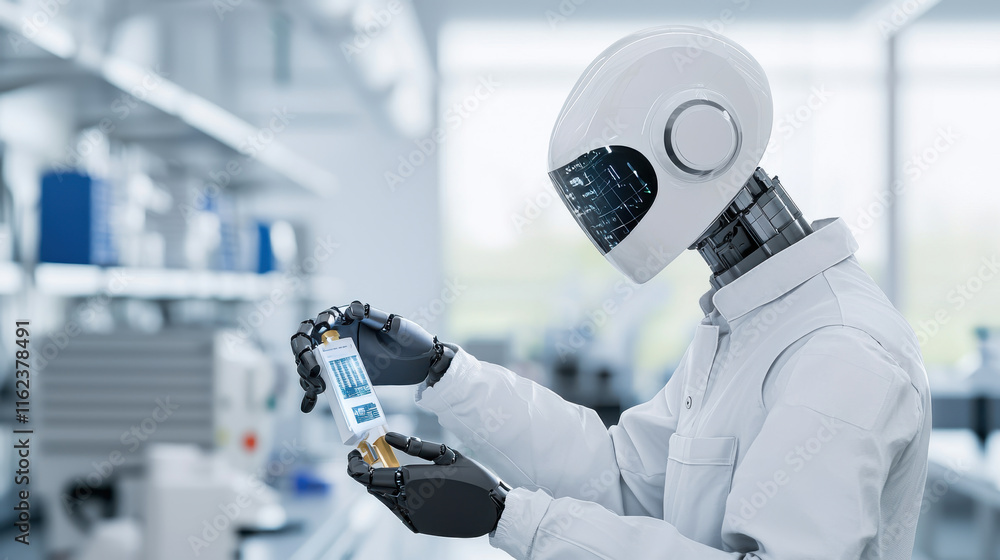 Poster robotic arm in lab coat examines vial in futuristic laboratory, showcasing advanced ai technology in