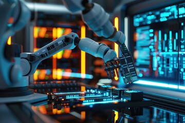 A hyper-realistic AI research lab filled with glowing server racks, holographic displays projecting data, and a robotic arm assembling microchips with precision. 